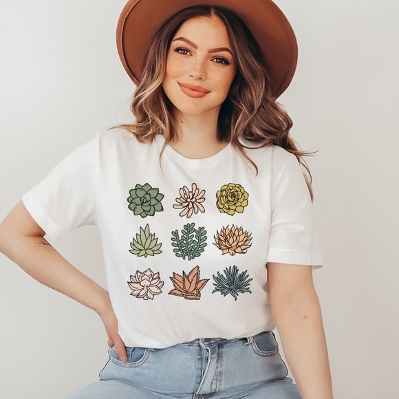 Tops - Succulents Graphic T-shirt Boho Plant Lovers T-shirt Plant Lady - Unisex - White